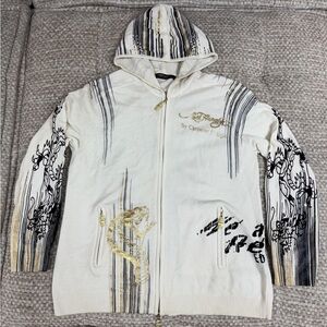 Ed Hardy Demon Hooded Wool Blend Full Zip Sweater Cardigan Large RARE